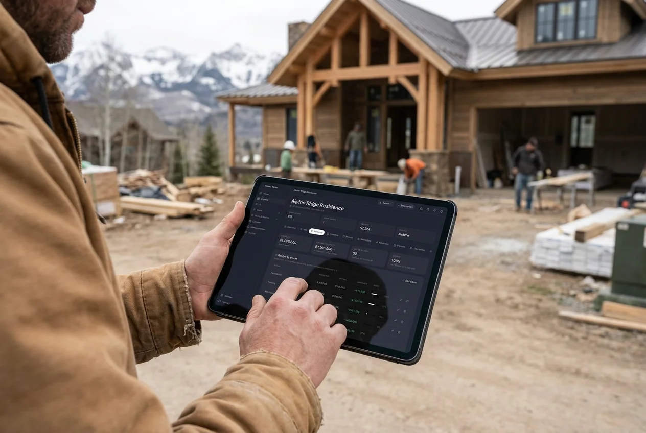 A builder reviewing the project record on an iPad during a site walk, the framed house behind