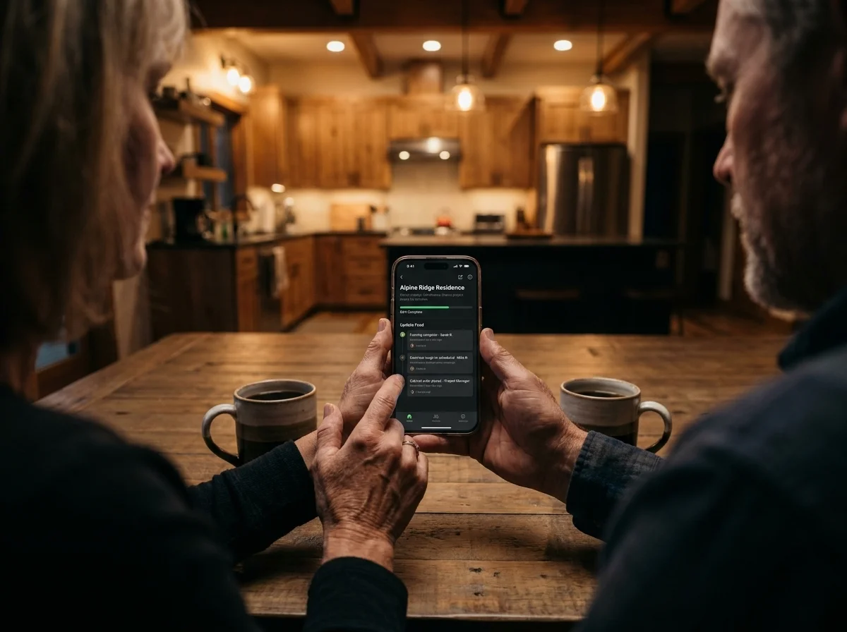 A couple at their kitchen table following their build's shared record on a phone